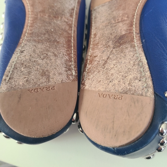 PRADA Driving Moc Studded Silver Embellished Loafer Flat Royal Navy White 36 - Picture 9 of 10